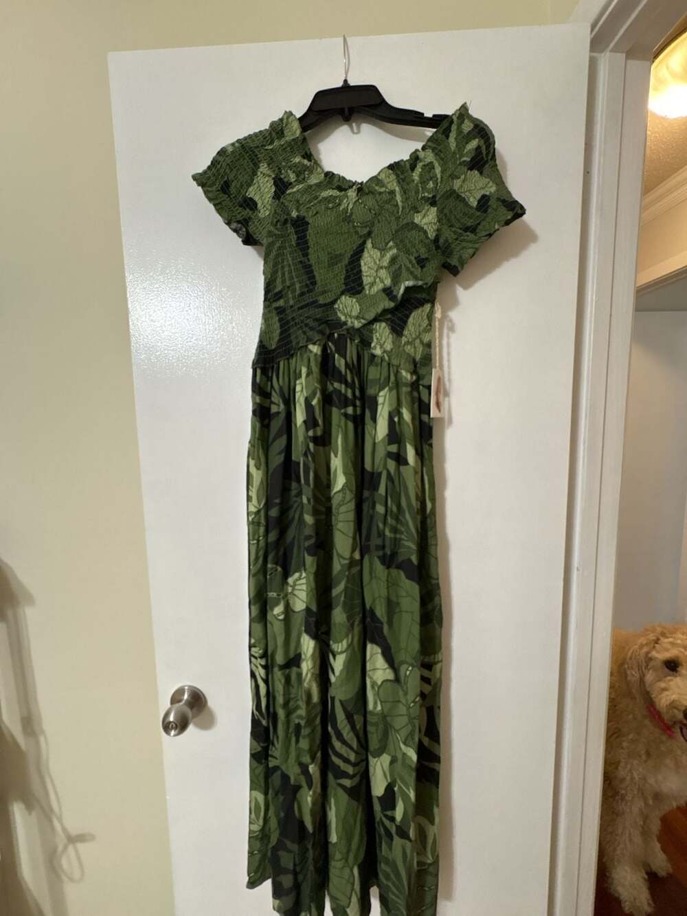 Jessica Simpson Women's Tropical Leaf Print Smocked Bodice Maxi Dress